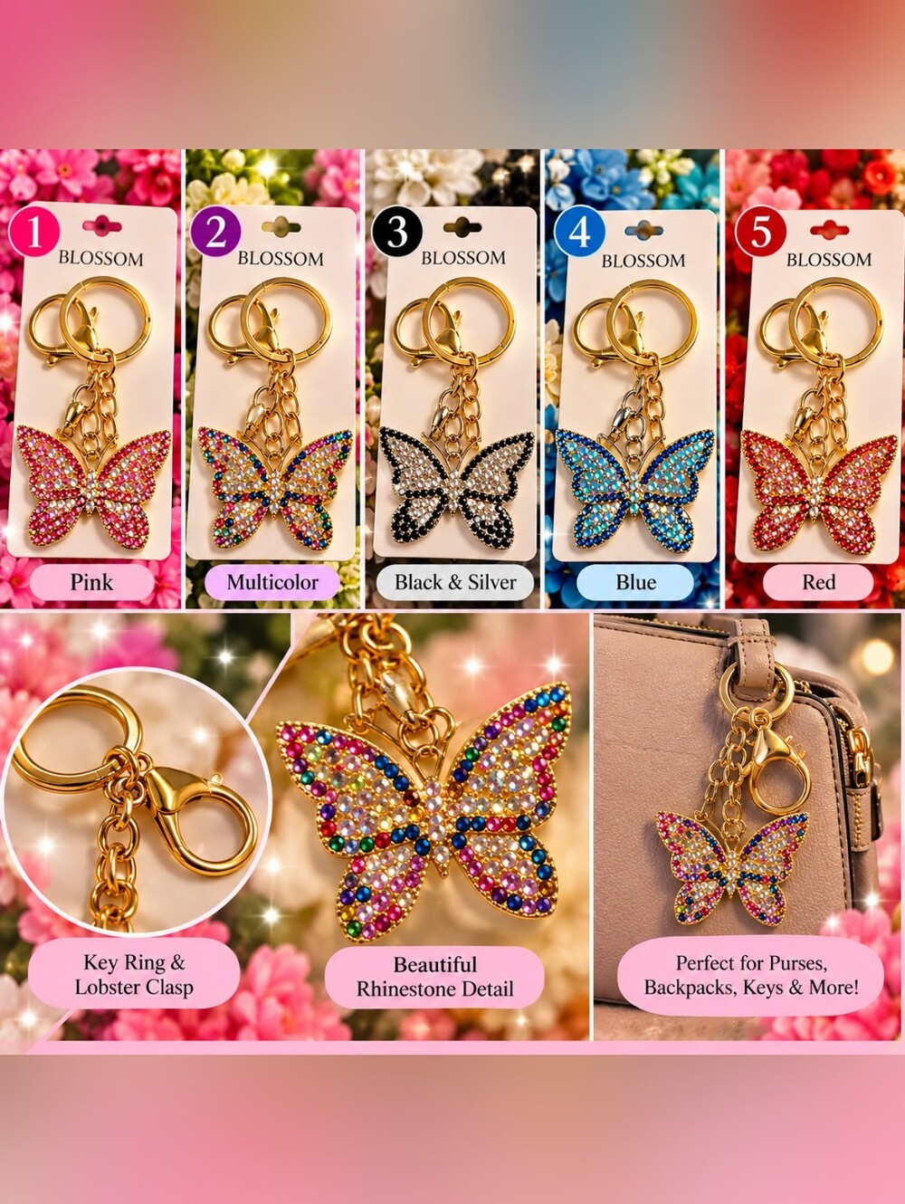 🦋 Rhinestone Butterfly Keychain Purse Charm – Pick Your Color ✨